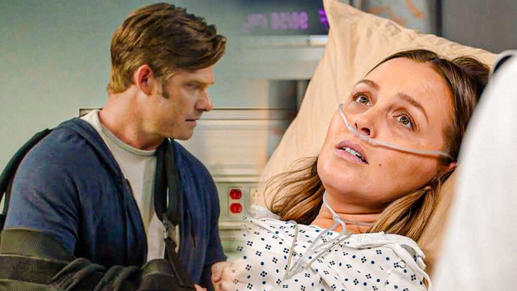 Grey’s Anatomy Season 22 Episode 7 “Skyfall” Chris Carmack and Camilla Luddington key art