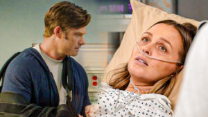 Grey’s Anatomy Season 22 Episode 7 “Skyfall” Chris Carmack and Camilla Luddington key art